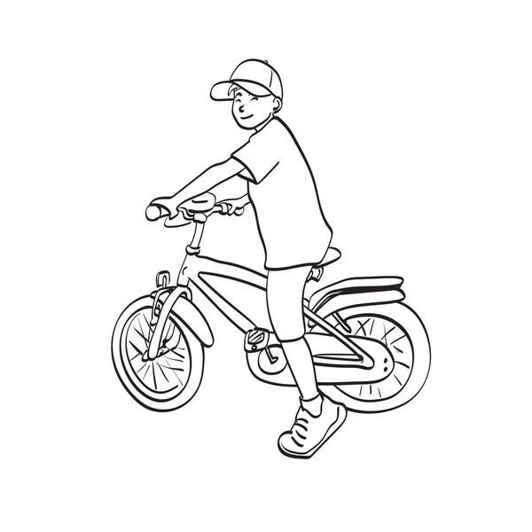Línea Arte Sonriente Chico Con Gorra Montar Una Bicicleta Ilustración — Archivo Imágenes Vectoriales