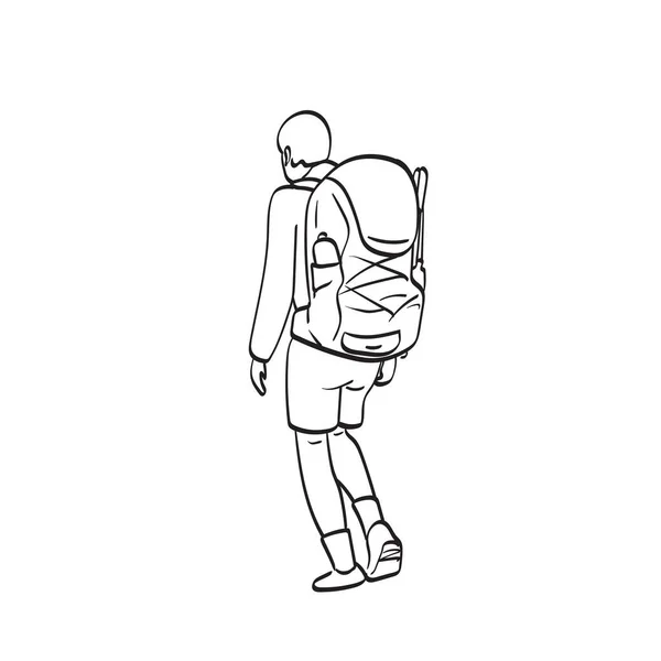 Vista Posteriore Uomo Zaino Spalla Camminare Illustrazione Vettore Disegnato Mano — Vettoriale Stock