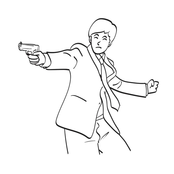 Лінійний Арт Бізнесмен Пістолетом Руці Ілюстрація Векторна Рука Намальована Ізольована — стоковий вектор