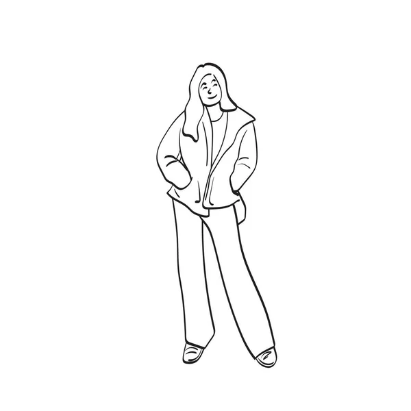 Linie Umění Plné Délce Stojící Ženy Teplé Zimní Oblečení Pózování — Stockový vektor