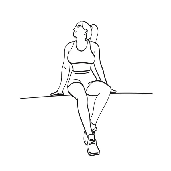 Longitud Completa Mujer Sportsware Sentado Buscando Ilustración Vector Mano Dibujado — Archivo Imágenes Vectoriales