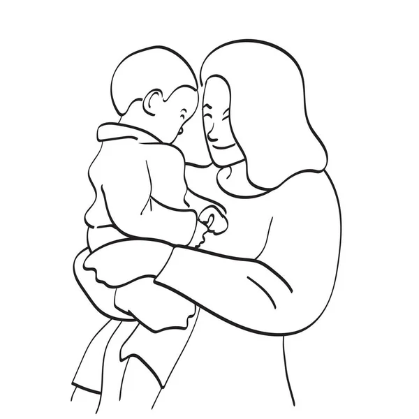 Γραμμή Τέχνη Χαμογελαστή Μητέρα Μεταφέρουν Παιδί Της Μέχρι Εικονογράφηση Διάνυσμα — Διανυσματικό Αρχείο