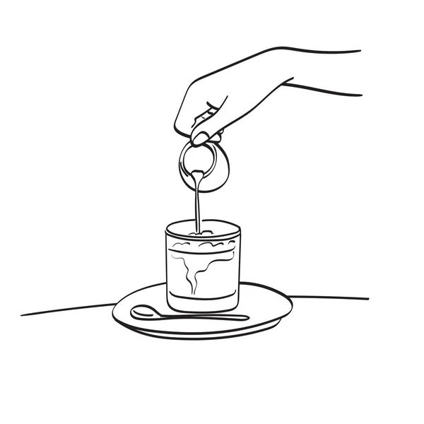 Main Versant Sirop Caramel Dans Café Glacé Illustration Vecteur Dessiné — Image vectorielle