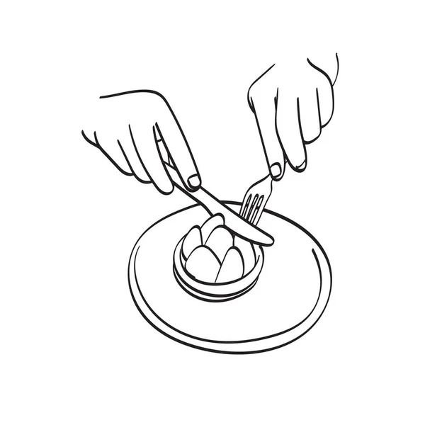 Detailní Záběr Rukou Pomocí Vidlice Nůž Pro Řezání Dort Ilustrační — Stockový vektor