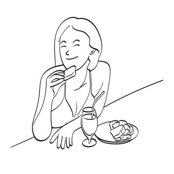 水着でお菓子やジュースを食べるビキニの女イラストベクトル手描き白地線画 — ストックベクタ