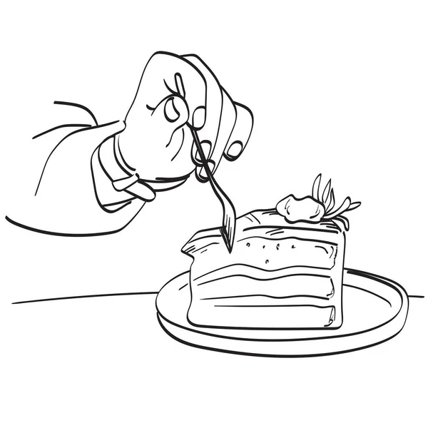 Primo Piano Mano Mangiare Torta Con Forchetta Illustrazione Vettore Mano — Vettoriale Stock