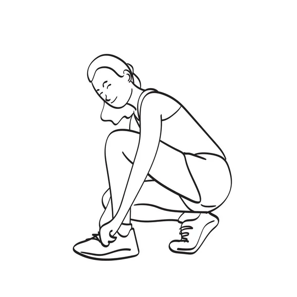 Smiling Woman Wearing Sportwear Ties Shoelaces Preparing Workout Illustration Vector — ストックベクタ