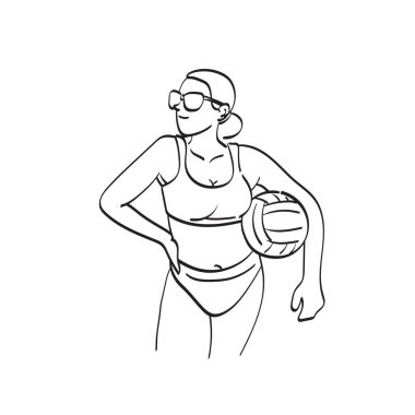 Çizgi sanatı genç bayan voleybol oyuncusu beyaz zemin üzerine izole edilmiş top çizim vektör eli ile ayakta duruyor