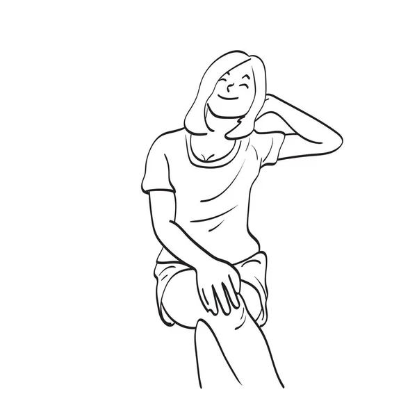 Line Art Smiling Woman Sitting Relax Illustration Vector Hand Drawn — Archivo Imágenes Vectoriales