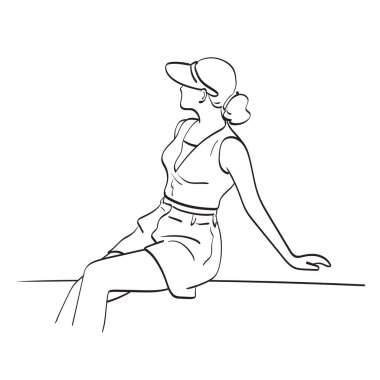 Çizgi sanatçısı kadın beyaz arka planda izole bir şekilde çizilmiş, şapka oturan çizim vektörü.