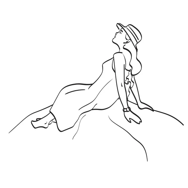 Línea Arte Longitud Completa Mujer Con Sombrero Sentado Roca Ilustración — Vector de stock