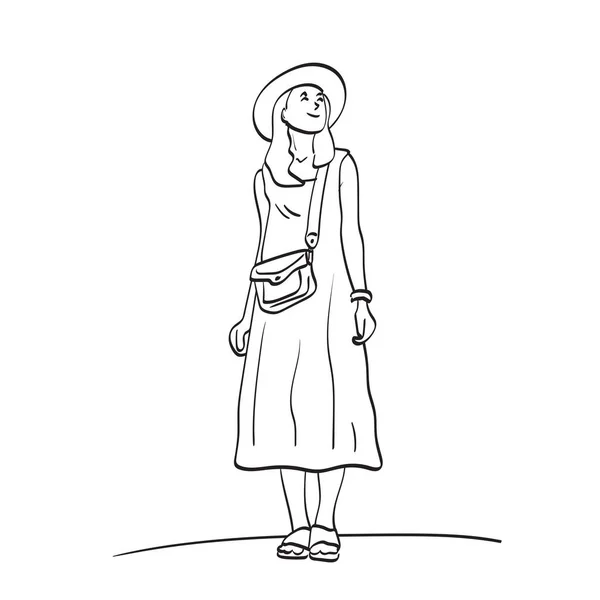 Line Art Full Length Woman Hat Standing Illustration Vector Hand — 图库矢量图片