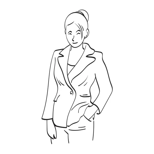 Line Art Half Length Businesswoman Standing Smile Illustration Vector Hand — Stockový vektor