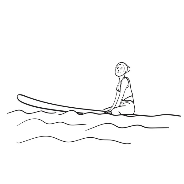 Line Art Woman Sitting Paddle Board Sea Illustration Vector Hand — Vector de stock