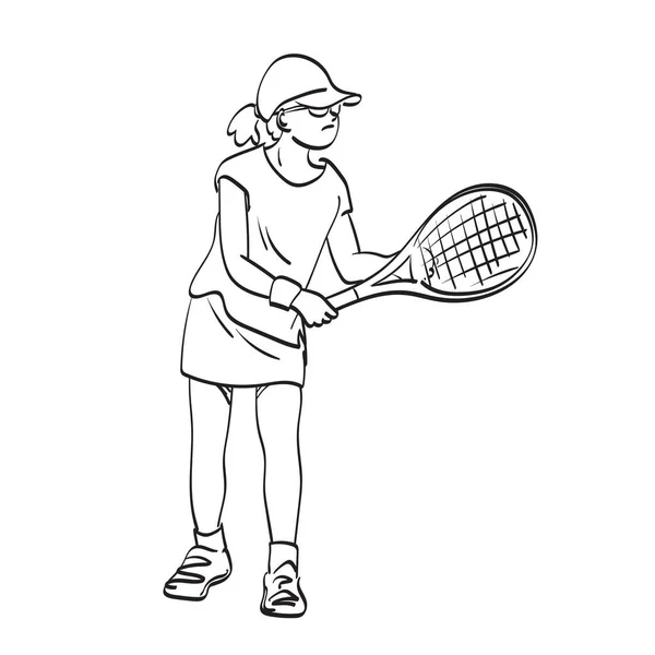 Line Art Full Length Young Sport Girl Playing Tennis Illustration — 스톡 벡터