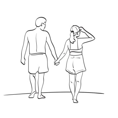 El ele tutuşan ve plaj illüstrasyon vektöründe yürüyen beyaz arka planda izole edilmiş çift çizgileri. 