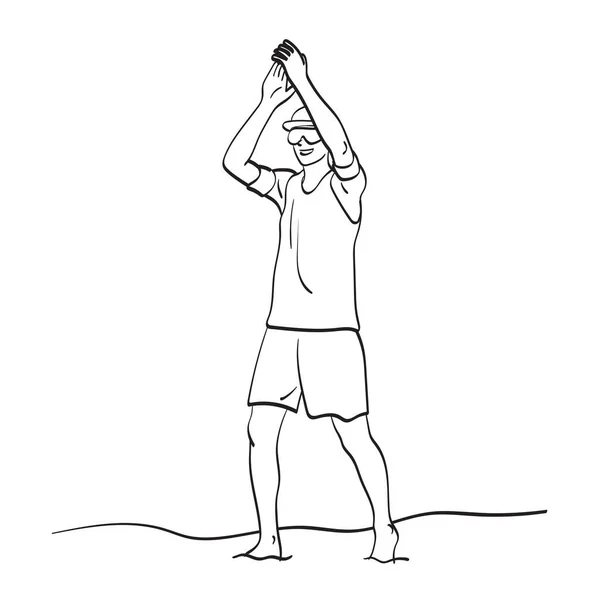 Line Art Full Length Beach Volleyball Player Crapping His Hands — 图库矢量图片