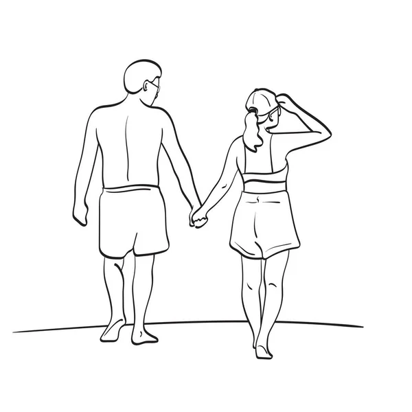Line Art Rear View Couple Holding Hand Walking Beach Illustration — Vetor de Stock
