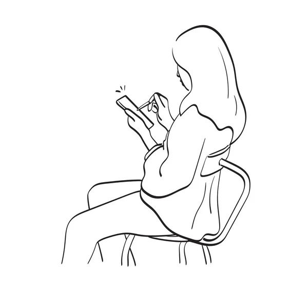 Line Art Woman Using Pen Smartphone Illustration Vector Hand Drawn — стоковый вектор