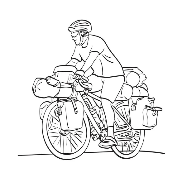 Line Art Bicycle Tourist Loaded Bike Illustration Vector Hand Drawn — Archivo Imágenes Vectoriales