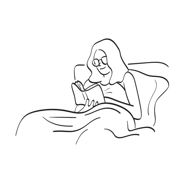Line Art Woman Glasses Reading Book Bedroom Night Time Illustration — Stok Vektör
