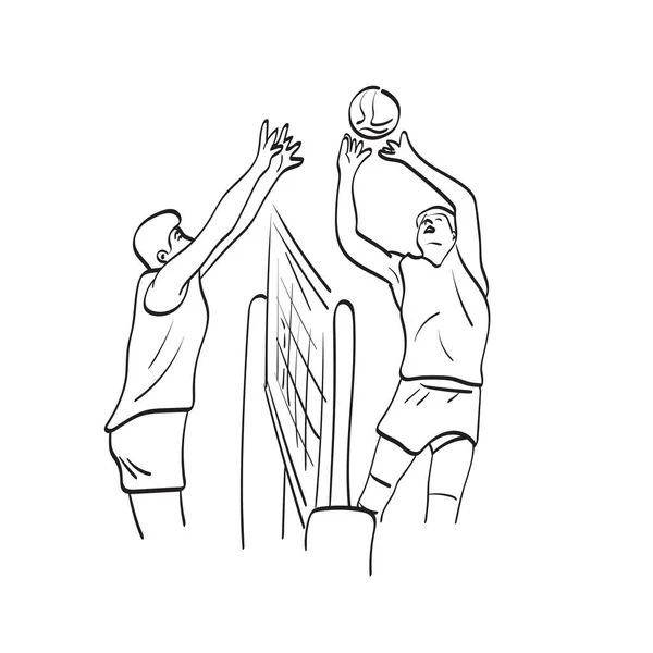 Line Art Two Professional Volleyball Players Action Illustration Vector Hand — Stock vektor