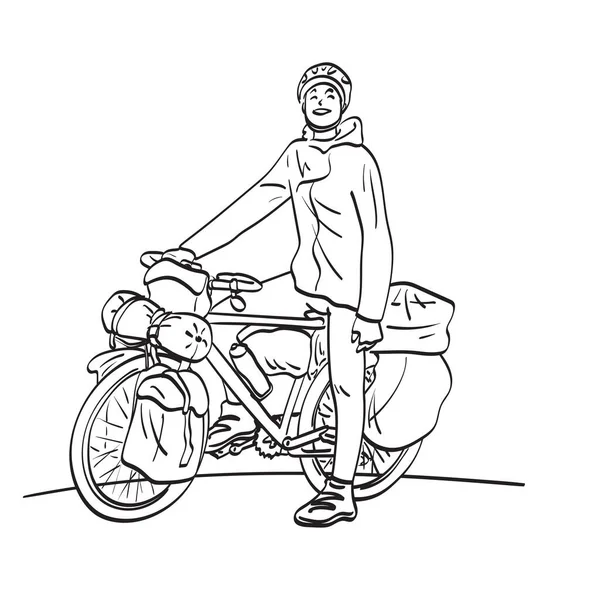 Line Art Smiling Man Sitting Bike Luggage Travel Illustration Vector — Stockvektor