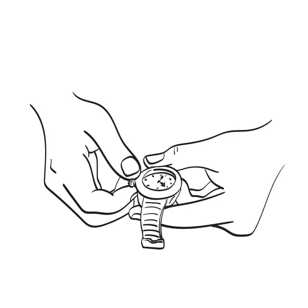 Line Art Closeup Hand Setting Watch Illustration Vector Hand Drawn — ストックベクタ