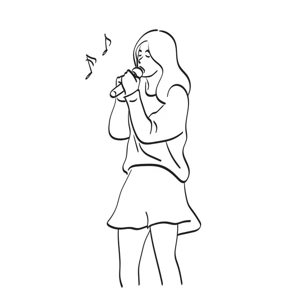 Женщина Поет Песню Микрофоном Иллюстрации Векторные Руки Нарисованы Изолированы Белом — стоковый вектор