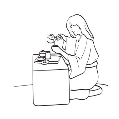asian woman conducting traditional tea ceremony at table illustration vector hand drawn isolated on white background line art.