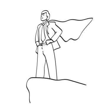 line art businessman with cape standing on the mountain peak illustration vector hand drawn isolated on white background