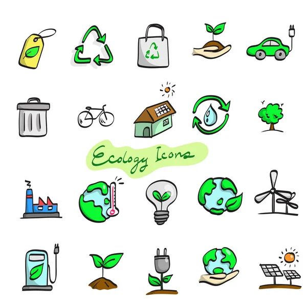 Colorful Ecology Icon Set Illustration Vector Hand Drawn Isolated White — Stock Vector