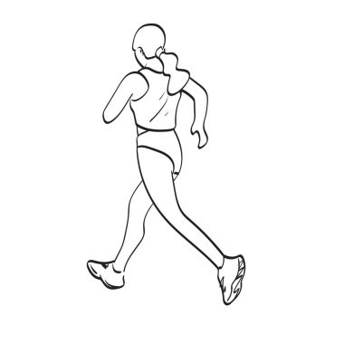 Beyaz arkaplan çizgisi üzerinde izole edilmiş kadın koşucunun eylem illüstrasyon vektör elinin arka görüntüsü.