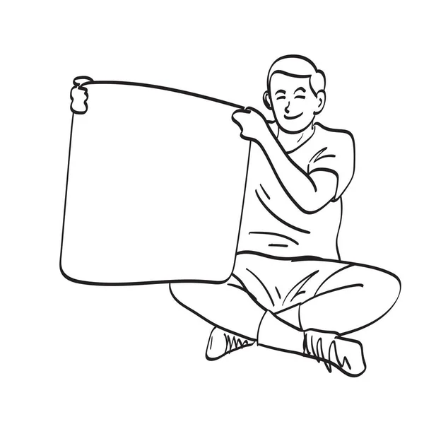 Homem Sentado Segurando Sinal Branco Ilustração Vetor Mão Desenhada Isolado —  Vetores de Stock