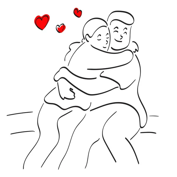 Молодая Пара Влюбленных Обнимает Помощью Сердечной Иллюстрации Векторную Руку Нарисованную — стоковый вектор