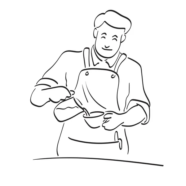 男性バリスタがコーヒーをカップイラストベクトル手描きで白い背景線画に分離 — ストックベクタ