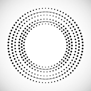Yarım ton noktalı arkaplan daire şeklinde. Beyaz arka planda izole edilmiş yuvarlak noktalar, yuvarlak logo. Vektör