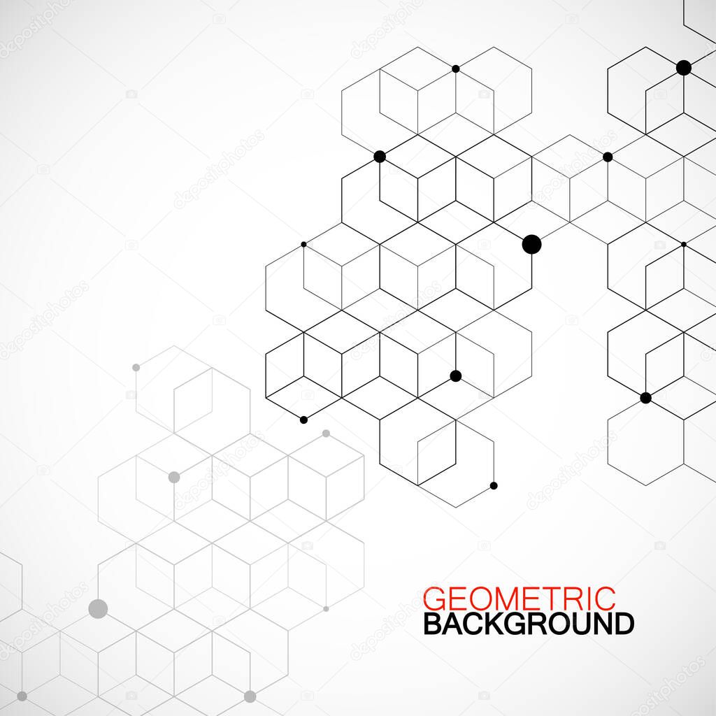 Abstract geometric background with cubes. Geometrical technology concept with lines and points