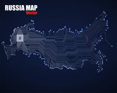 Cpu ile Rusya 'nın soyut haritası. Parlak devre kartı. Neon teknolojisi geçmişi. Vektör