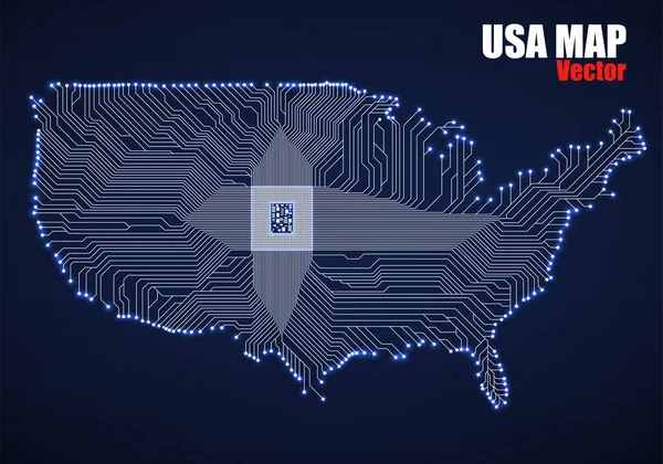 Carte abstraite USA avec cpu. Circuit lumineux. Technologie néon. Vecteur — Image vectorielle