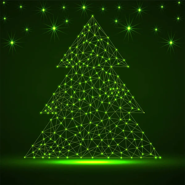 Abstract neon Christmas tree with glowing lines and dots, vector illustration — Stock Vector