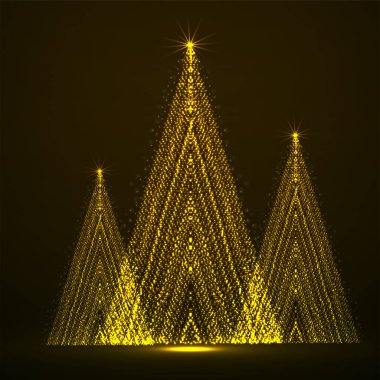 Parlayan parçacıklardan oluşan soyut neon noel ağaçları. Vektör İllüstrasyonu