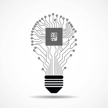 İçinde işlemci olan teknoloji ampul devre kartı. Vektör illüstrasyonu