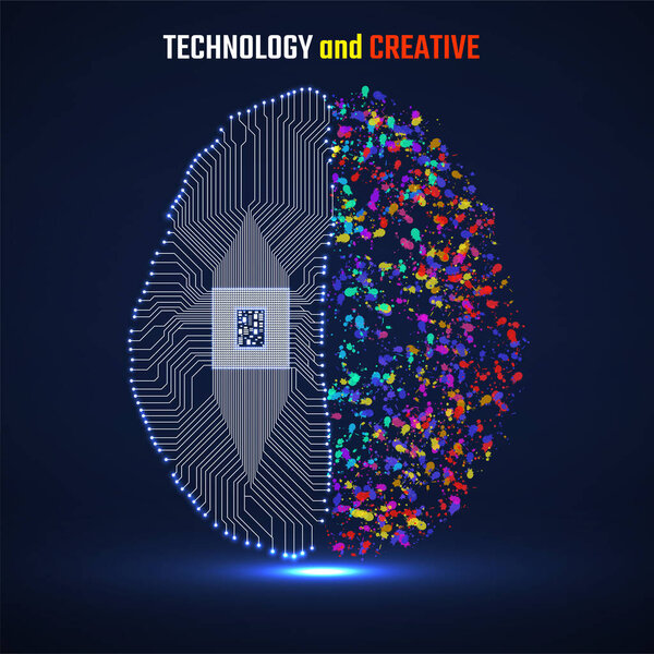 Left and right human brain cerebral hemispheres with cpu, circuit board and colorful ink splashes, grunge splatters. Vector illustration