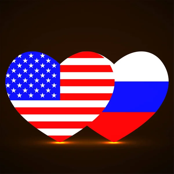 Estados Unidos y Rusia banderas en forma de corazón. Ilustración vectorial — Vector de stock