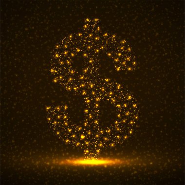 Parlayan parçacıkların soyut dolar işareti. Neon finansal sembolü. İzole vektör illüstrasyonu