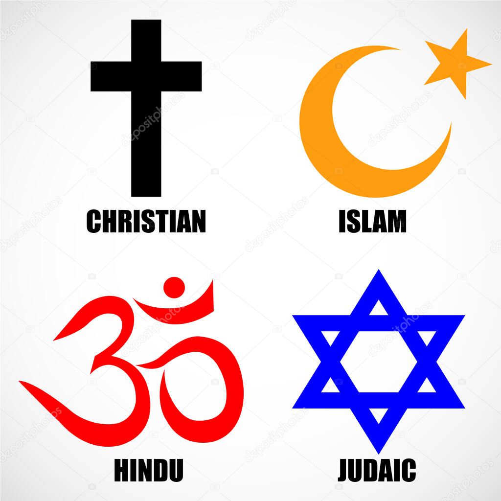 Set of World religion symbols - Christianity, Islam, Hinduism and Judaism. Vector illustrator