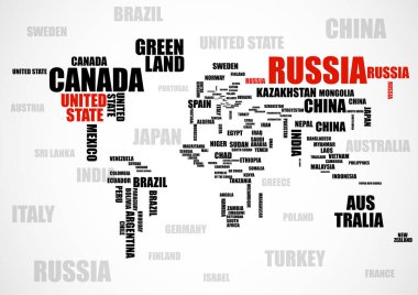 Tipografi renkli Dünya Haritası ülke adları ile. Vektör