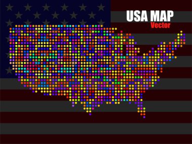 ABD 'nin arkaplan ulusal bayrağı üzerindeki soyut haritası, renkli noktalar. Vektör illüstrasyonu