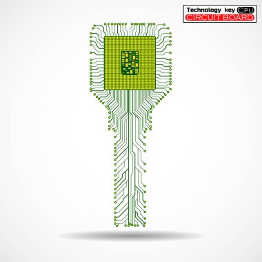 Technology key with circuit board and cpu on white background. Vector illustration